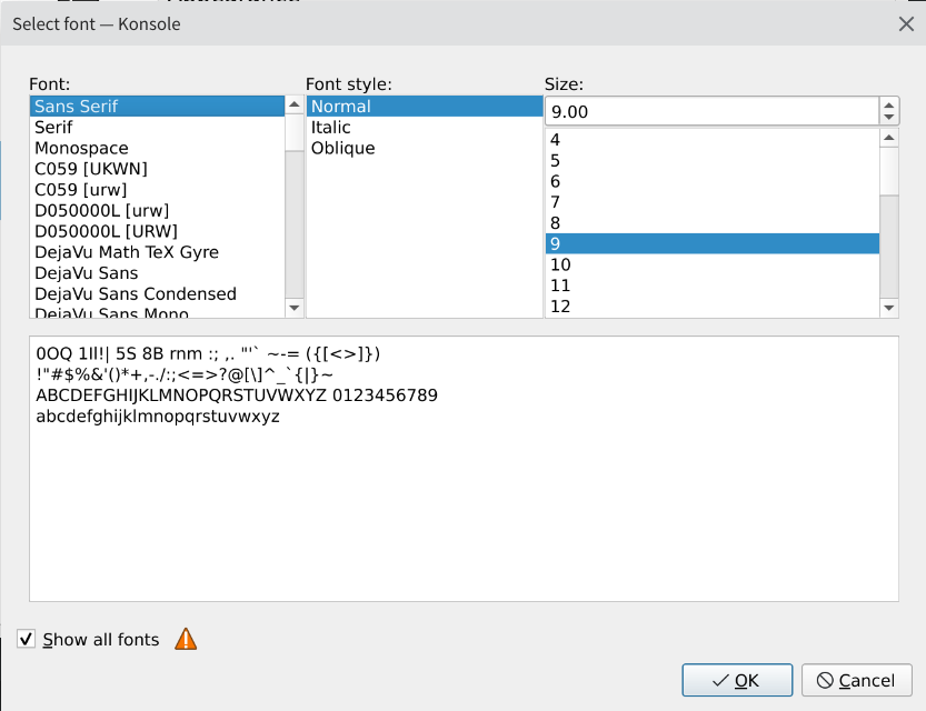 KDE Konsole 的字体列表中，确实能够看到到 “Serif” “Sans Serif” 或 “Monospace”。它其实指向的是系统为这三种风格配置的默认字体。